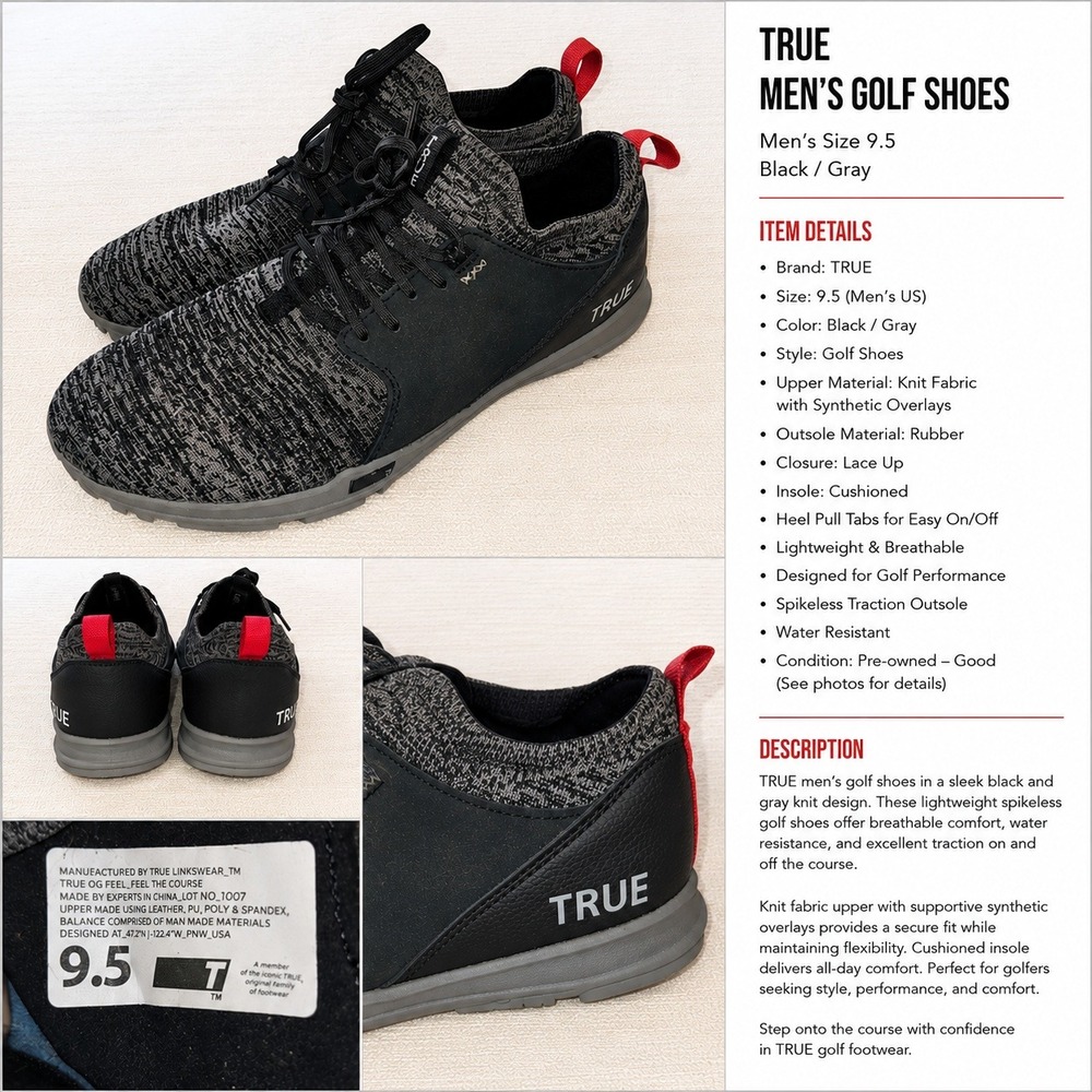 TRUE Linkswear OG Feel Mens Golf Shoes Black Gray Spikeless Size 9.5 1007